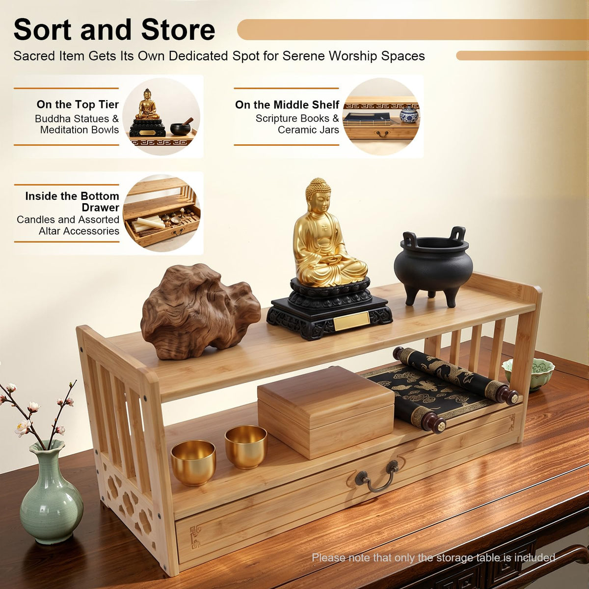 Low 3 Tier Meditation Table with Drawer (Wood Color / 27.2”W)