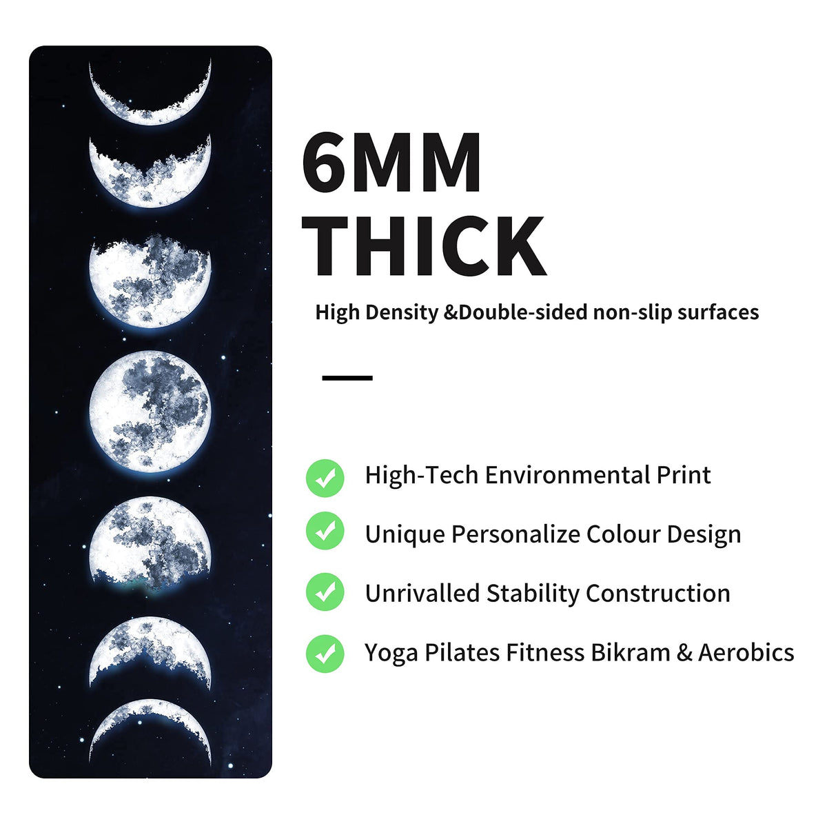 Yoga Mat Print Extra Thick TPE Non Slip Fitness Exercise Mat with Carrying Bag (Moon-Y)