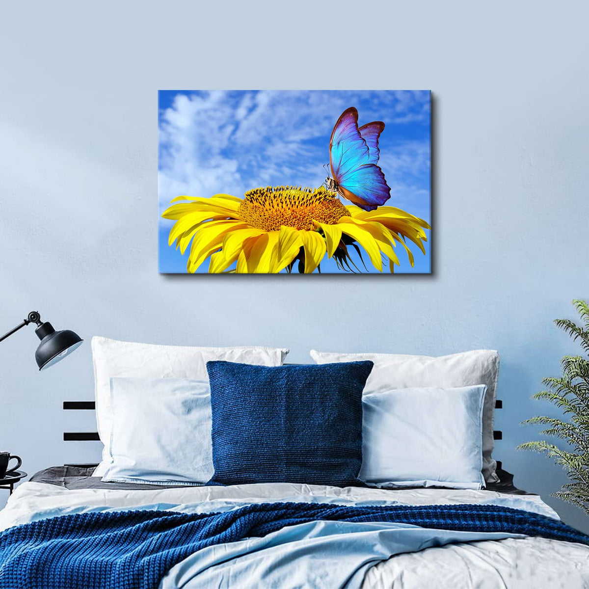 Sunflower Wall Art Bathroom Decor Blue Butterfly Canvas Pictures for Bedroom Sunflower Wall Decor Floral Posters Living Room Kitchen Home Decoration Yellow Sunshine Flower Painting Modern Artwork 24x36" (36"L x 24"W / Sunflower Butterfly)