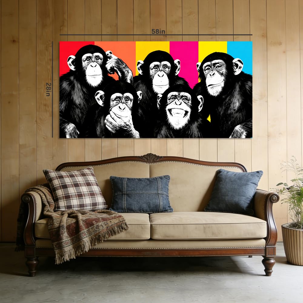 Colorful Pop Art Monkey Canvas Wall Art Funny Chimpanzee Animal Painting Print Gallery Wrapped Humorous Street Art Artwork for Living Room Bathroom Bedroom Decor (Wildlife / Black Monkeys 2 / 58"L x 28"W)