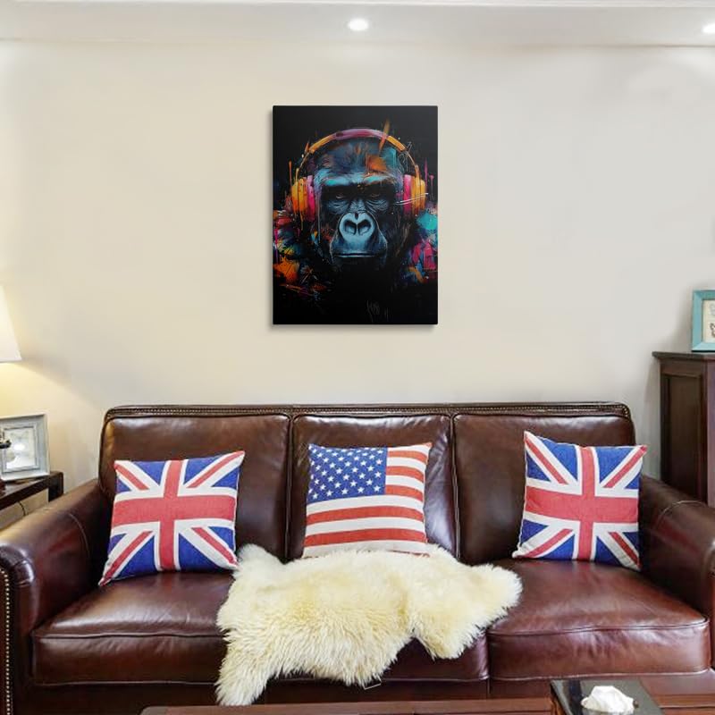 Urban Pop Art Gorilla Canvas Wall Art Framed Print Poster Graffiti Style with Colorful Headphones Neon Splash Bold Contemporary Wall Decor Artwork for Gaming Room Men 16x24 Inches (gorilla / 24"L x 16"W)