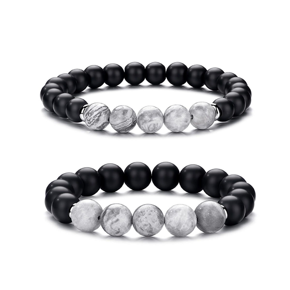 Mens Bracelets 8MM Natural Stone Beads Bracelet Set Stretch Adjustable Beaded Bracelets for Men (2,gray,black)