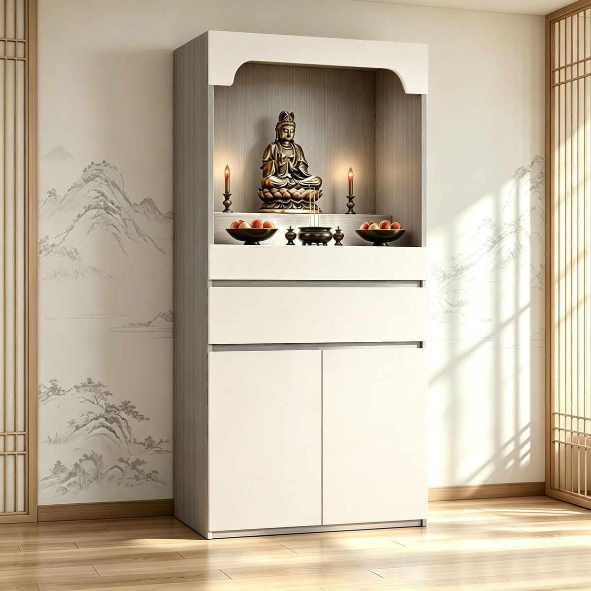 Altar Table Pooja Cabinet with Drawers and Storage Cabinets (15.7×15.7×65.4in / Beige+light Gray Wood Tone)