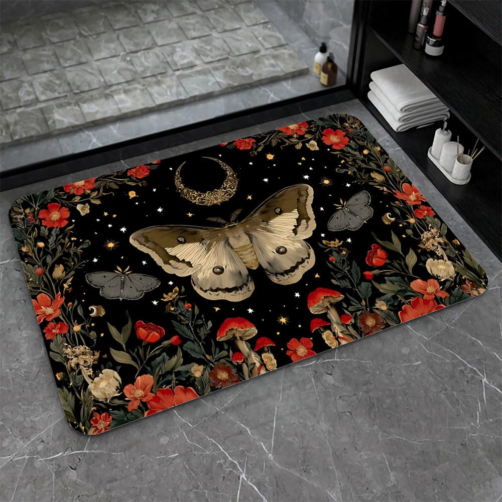 Bath Mat Bathroom Rug (Moth Moon Mushrooms Flowers / 20 x 31 inches)