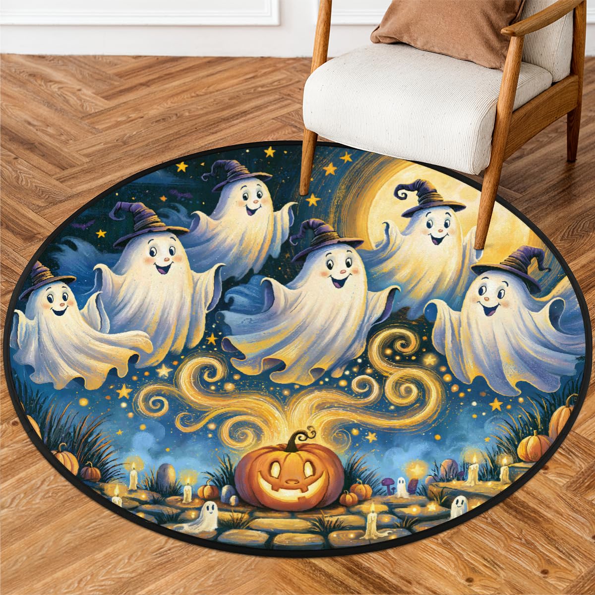 5 Ft Ghost Round Rug Circle Area Rugs Circular Door Mat for Indoor (B:b-9 / 5'3" (Round))