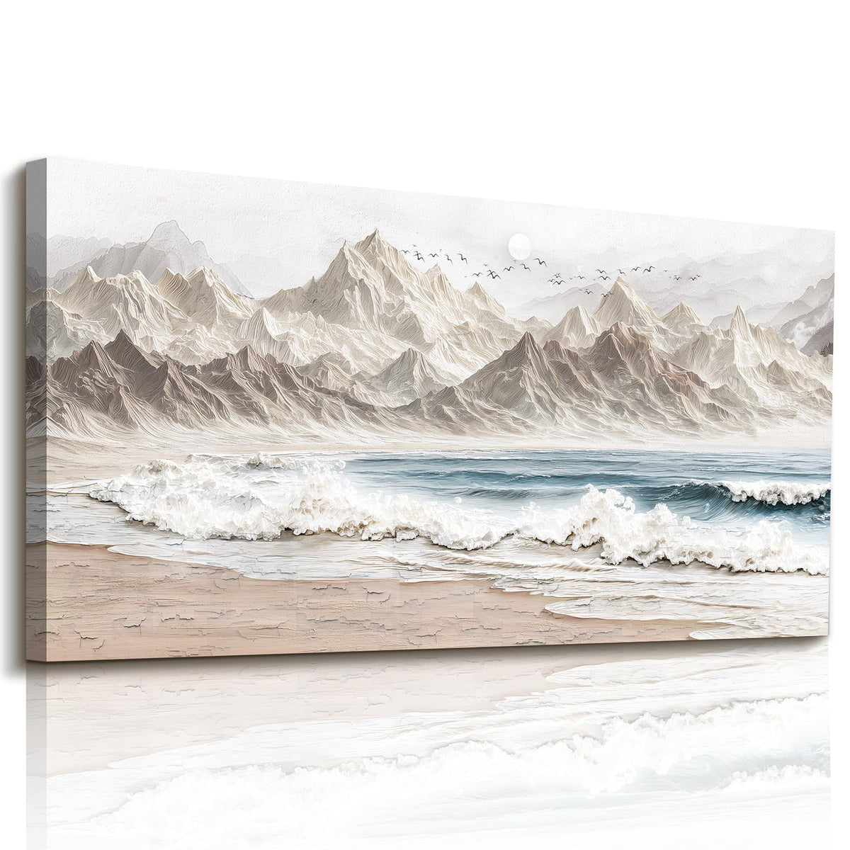 Modern Mountain Landscape Large Wall Art Beach Wave Decor Neutral (Neutral Beach Print / 40"L x 20"W)