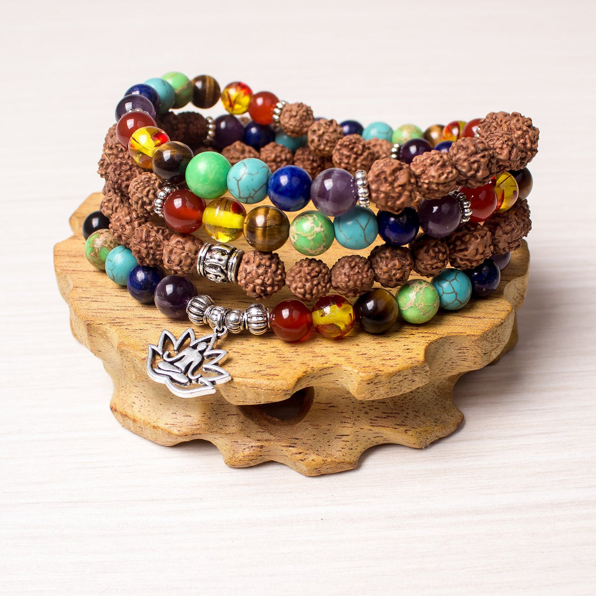 Necklace 108 Mala Beads Bracelet Buddhist Prayer Pendant Necklace (Rudraksha-Buddha-Lotus-1)