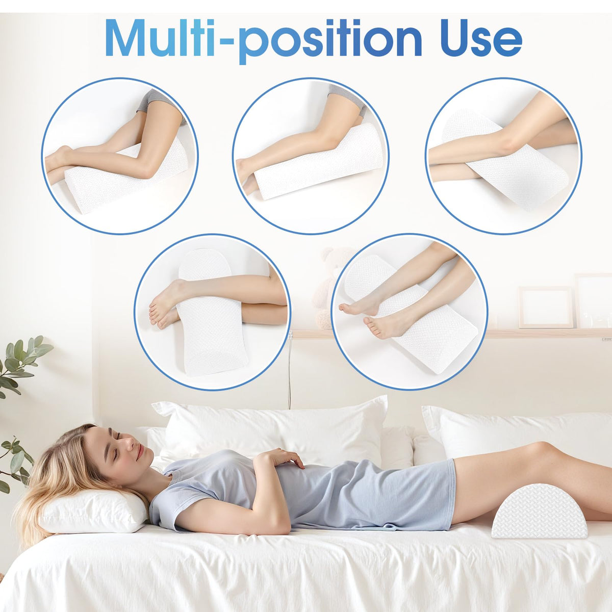 Knee Pillow for Back Sleeping Memory Foam Half Moon Bolster Pillow for Legs (White / Large)