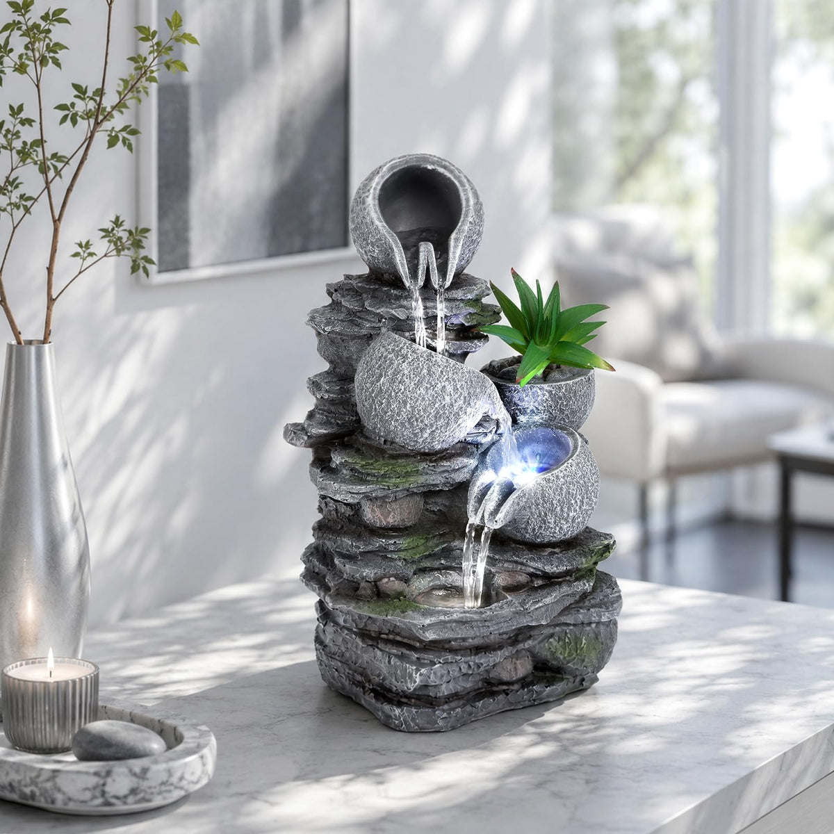 Indoor Fountain Tabletop Water Fountain Indoor Waterfall Fountains Stacked Rocks Water Feature Feng Shui Zen Meditation Relaxation Desktop Fountain for Home and Office Indoor Spaces Decor (Style 10)