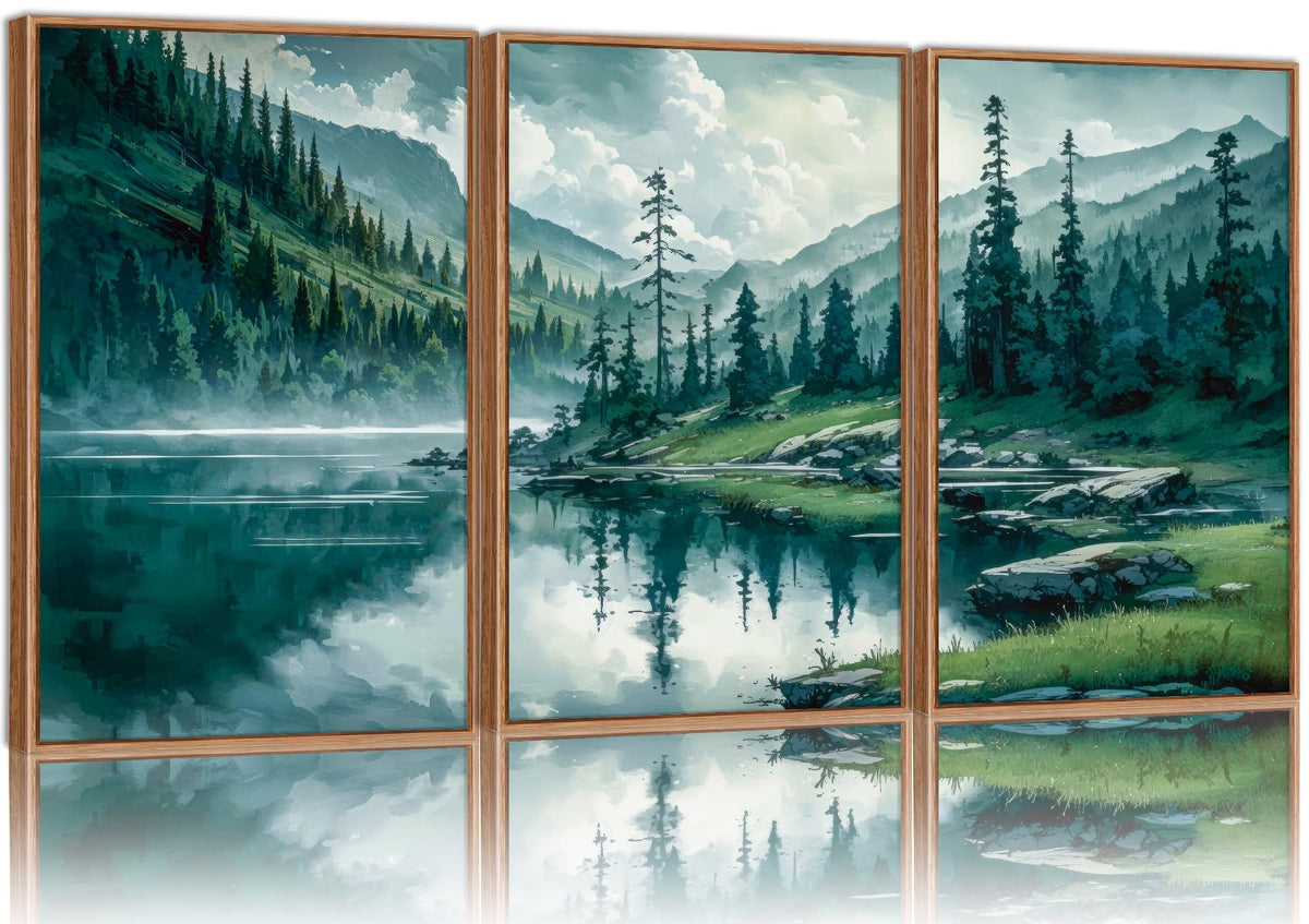 Large Nature Forest Framed Canvas Wall Art Set (Mountain Forest / 36"L x 24"W)