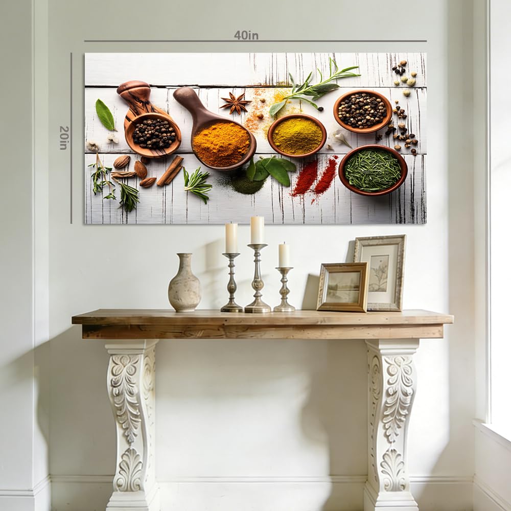 Vintage Culinary Spices Canvas Wall Art Turmeric Curry Herbs Painting Flat Print Gallery Wrapped Artwork for Living Room Bedroom Bathroom Decor (Retro / White Spice Arrangement 15 / 40"L x 20"W)