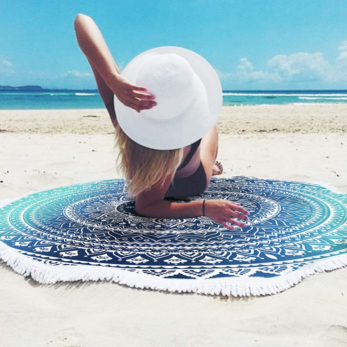 Microfiber Mandala Round Blue Beach Towel Blanket (Blue Mandala Beach Towel 01)