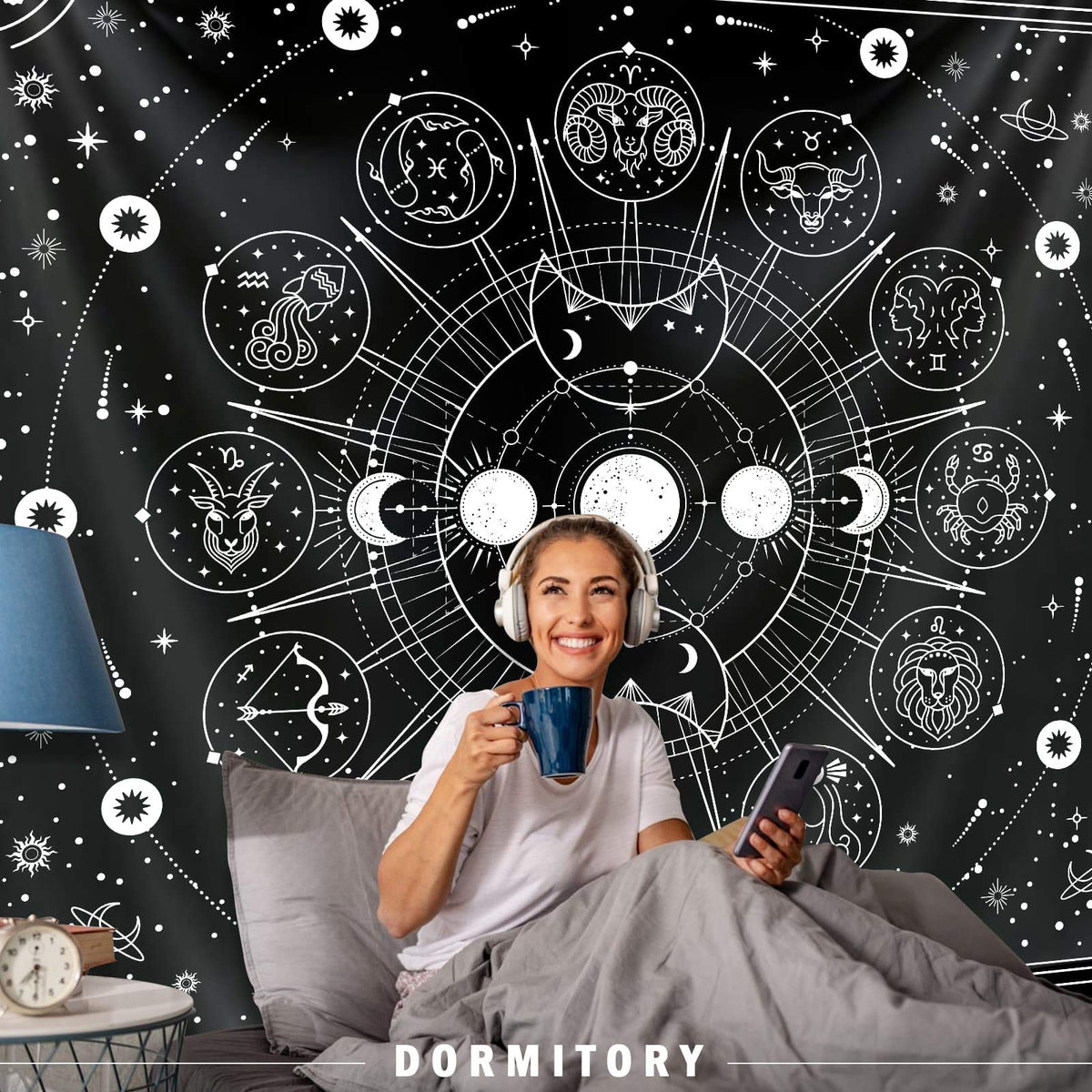 Zodiac Astrology Witchy Wall Tapestry (Multicolor / 90"L x 70"W)