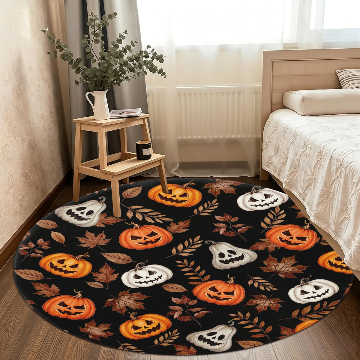Halloween Round Area Rug 4ft (Spooky-orange White Pumpkin / 4' (Round))