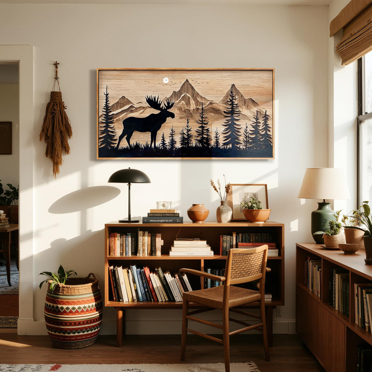 Deer Forest Cabin Wall Decor Large Framed Wall Art Neutral Print (Deer Mountain / 48"L x 24"W)