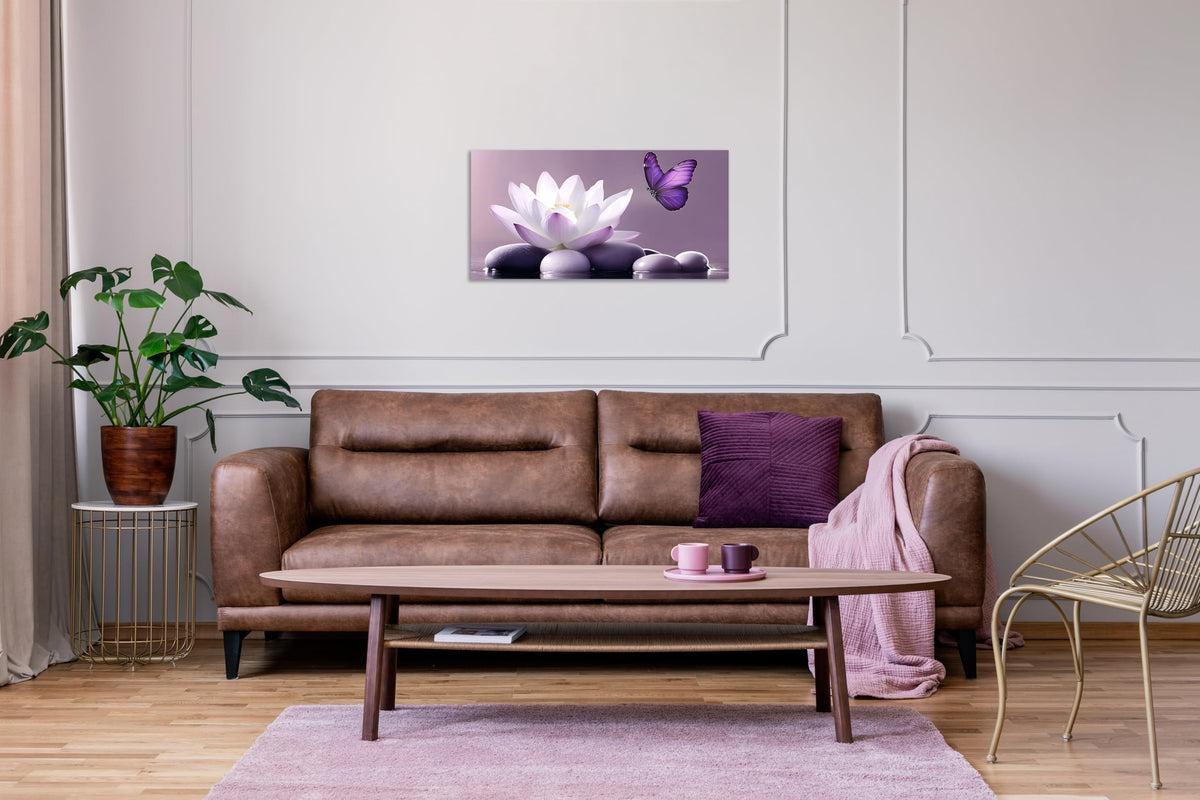 1 Panel Purple Wall Art Purple Pictures Wall Decor Zen Stone Water Lily and Butterfly on the Lake Pictures Poster Spiritual Yoga Spa Painting for Living Room Bedroom (24"L x 12"W / Purple Zen)