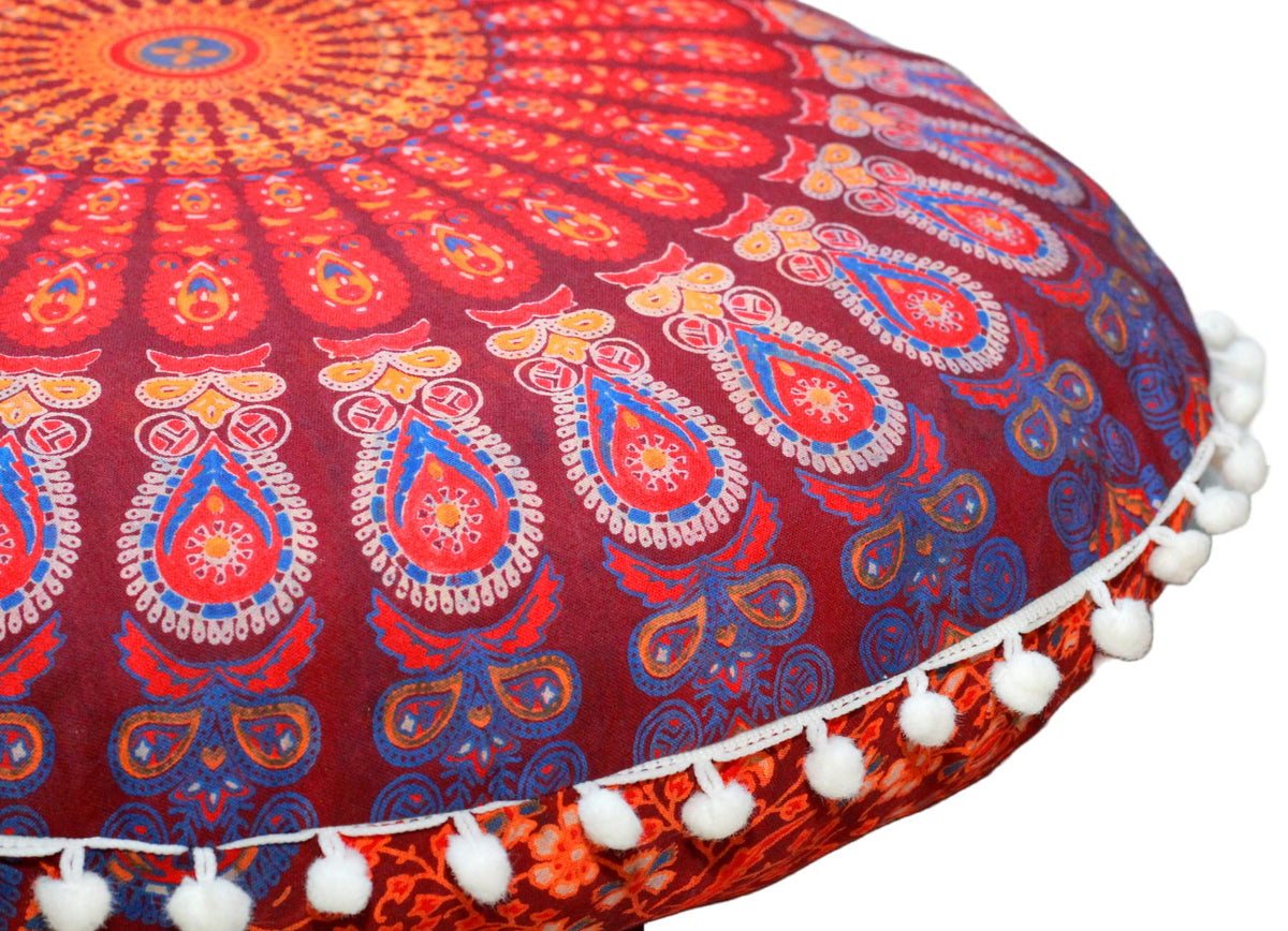 Round Mandala Floor Pillow Cover Seating Cushion Throw Cover Ottoman Pouf Cover Pom Pom Pillow Cases Hippie Decorative Bohemian Boho Indian 22 Inches (Maroon)