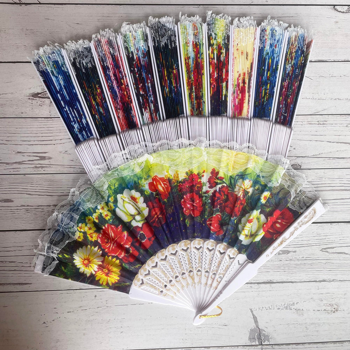 Spanish Folding Hand Fan (12 Pack,Spanish Floral,White)