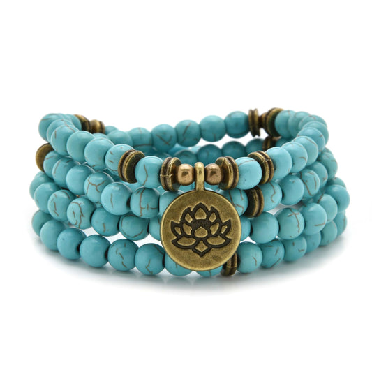 108 Healing Mala Beads Bracelet or Necklace with Gold Lotus Charm (Green Turquoise)