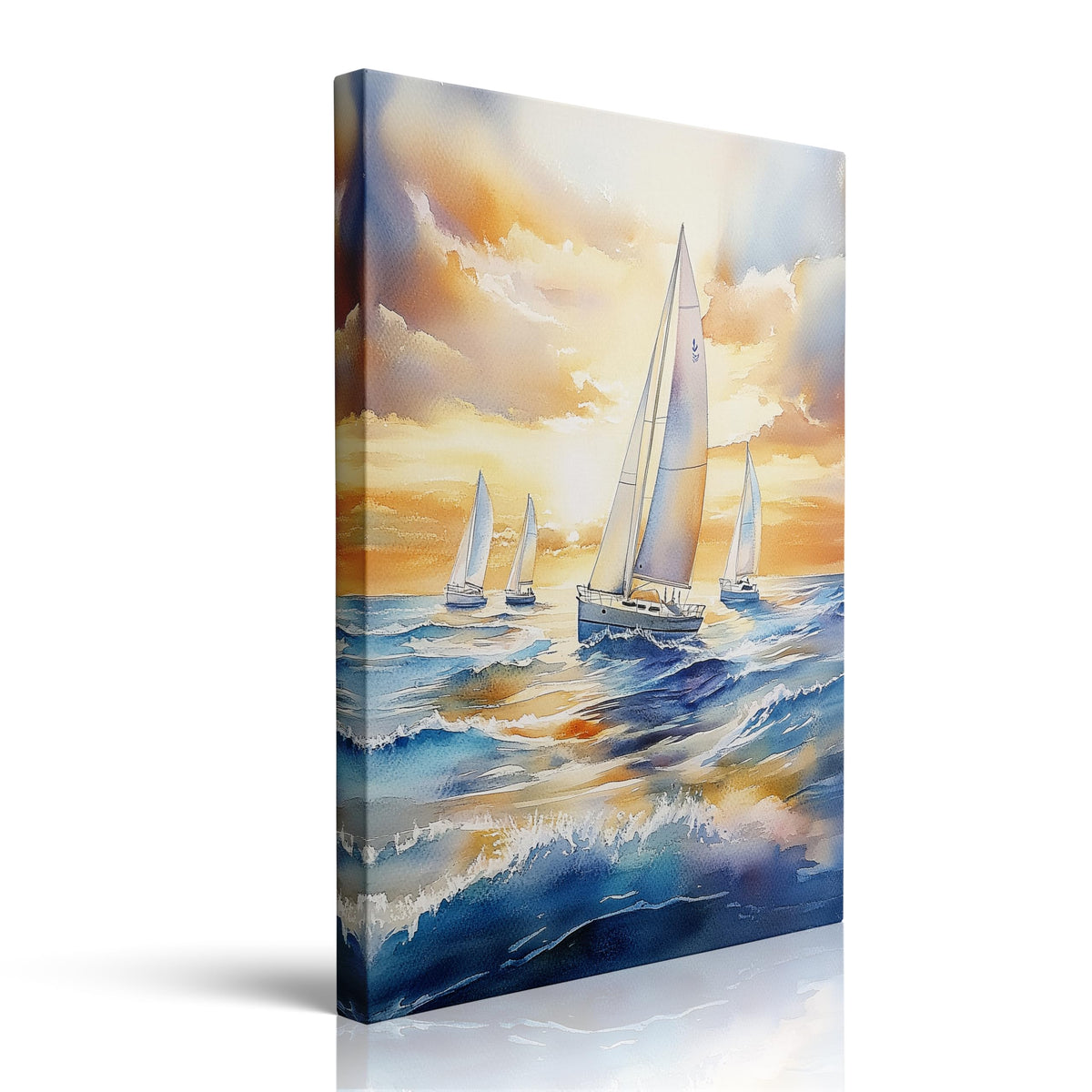 Sunset Sailboats Ocean Watercolor Canvas Wall Art Framed Painting Seascape Wall Decor Artwork Print Poster Calming Peaceful Blue Waves Golden Sky Coastal for Bathroom Living Room Bedroom 16x24 Inches (sailboat / 24"L x 16"W)