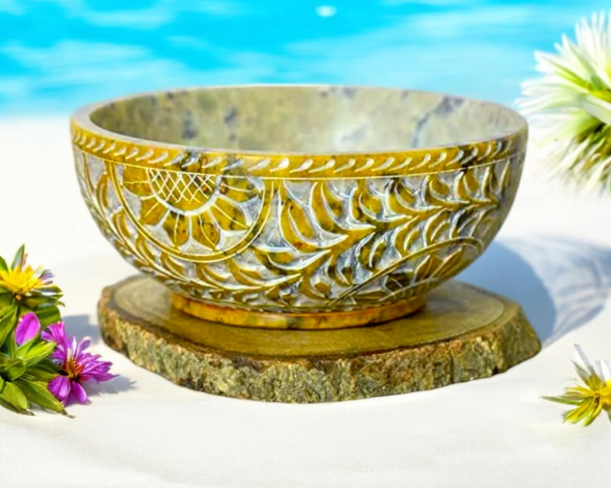 Soapstone Scrying And Smudge Bowl Pot Sun Floral Design Handmade Household Kitchen Table Decorative Gift 5 Inch (Sun Flower)