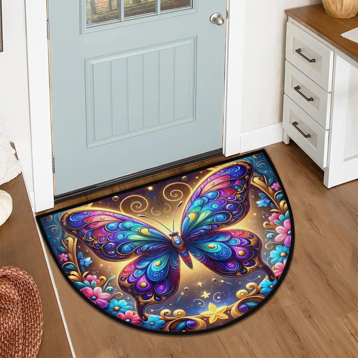 Butterfly Half Round Door Mat Non Slip Half Circle Rugs (E:color 6)