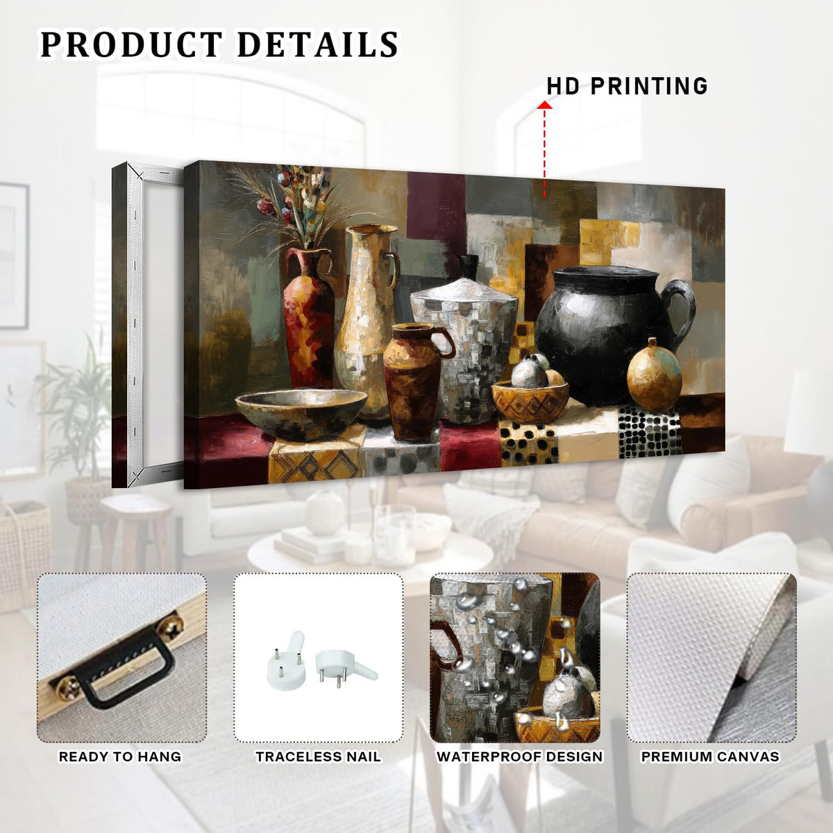 Vintage Dining Room Geometric Wall Art Abstract Antique Crocks Picture Kitchen Art Farmhouse Neutral Wall Decor Brown Vases Flower Painting Mid Century Modern Artwork Living Room Decorations 20x40" (40"L x 20"W / Jar)