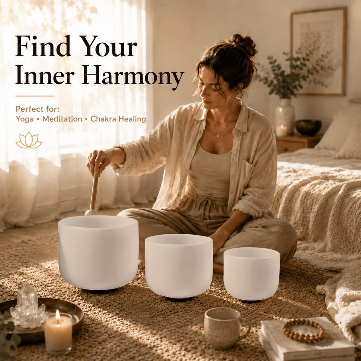 432Hz 6"A 8"F 10"G Crystal Singing Bowl Set of 3 (6-10 Inch / White(A F G))
