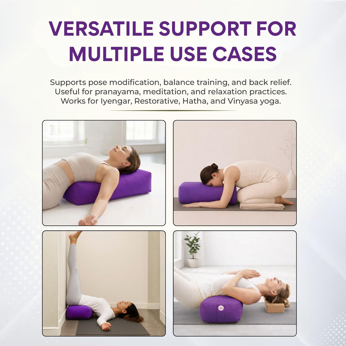 Rectangular Yoga Bolster Cushion for Meditation & Restorative Yoga (Purple)