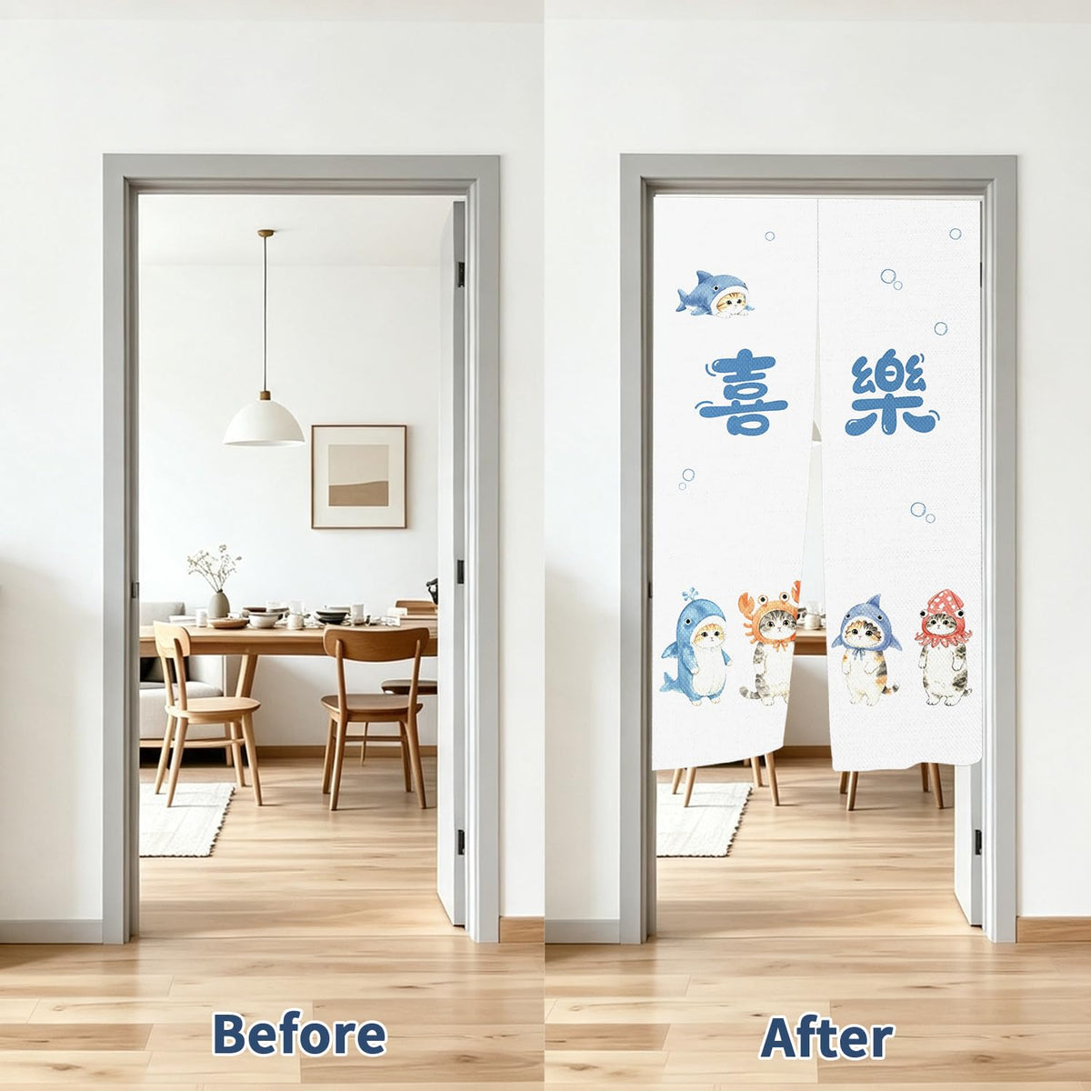 Funny Cat Noren Curtain Japanese Doorway Curtain for Door (Kawaii Sea Animal Cartoon Cat)