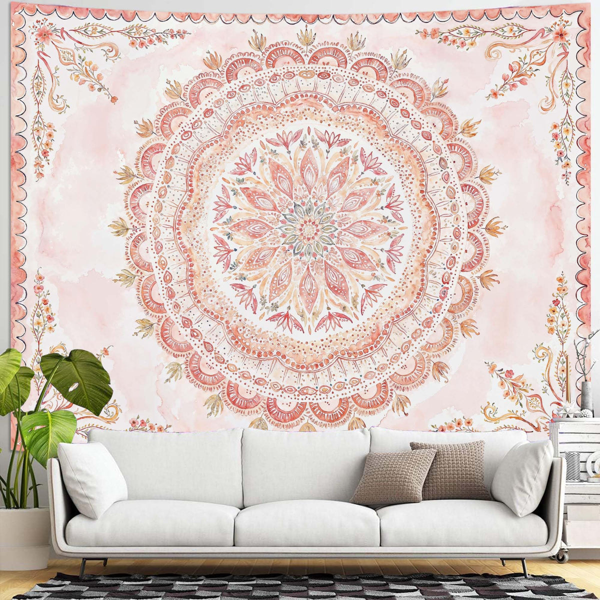 Boho Floral Mandala Tapestry Wall Hanging Pink Bohemian Flower Medallion Tapestry Aesthetic Watercolor Hippie Indian Large Tapestries for Bedroom Living Room Dorm Decor 80 x 60 Inch (Pink / 80"L x 60"W)