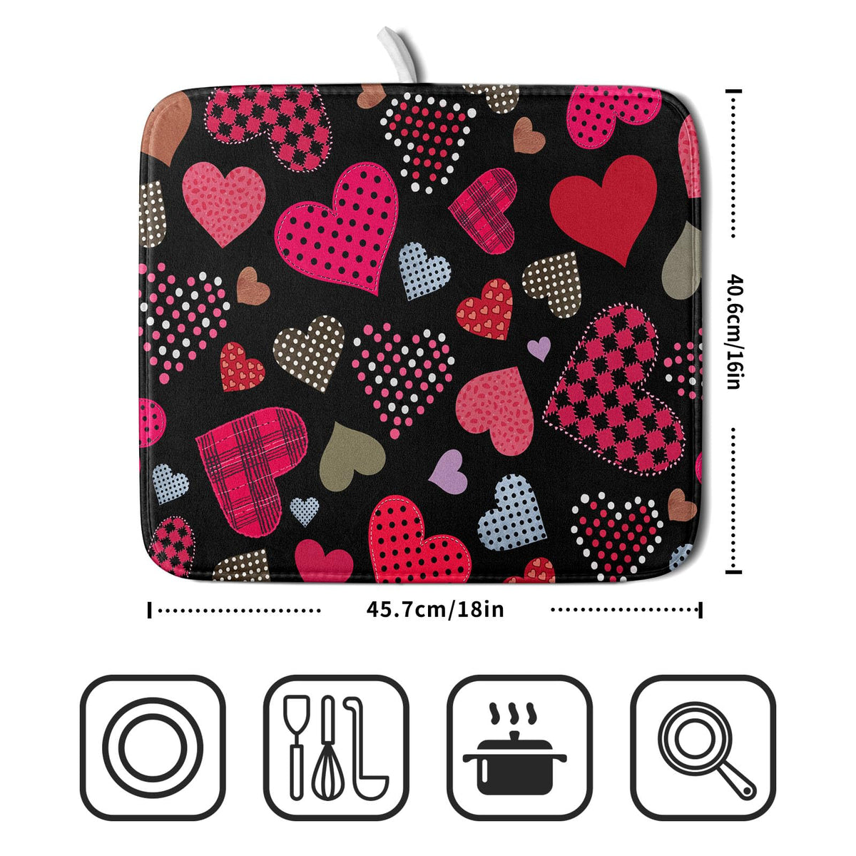 Happy Valentine's Day Black Dish Drying Mat for Kitchen Counter (Love Heart / 16" x 18")