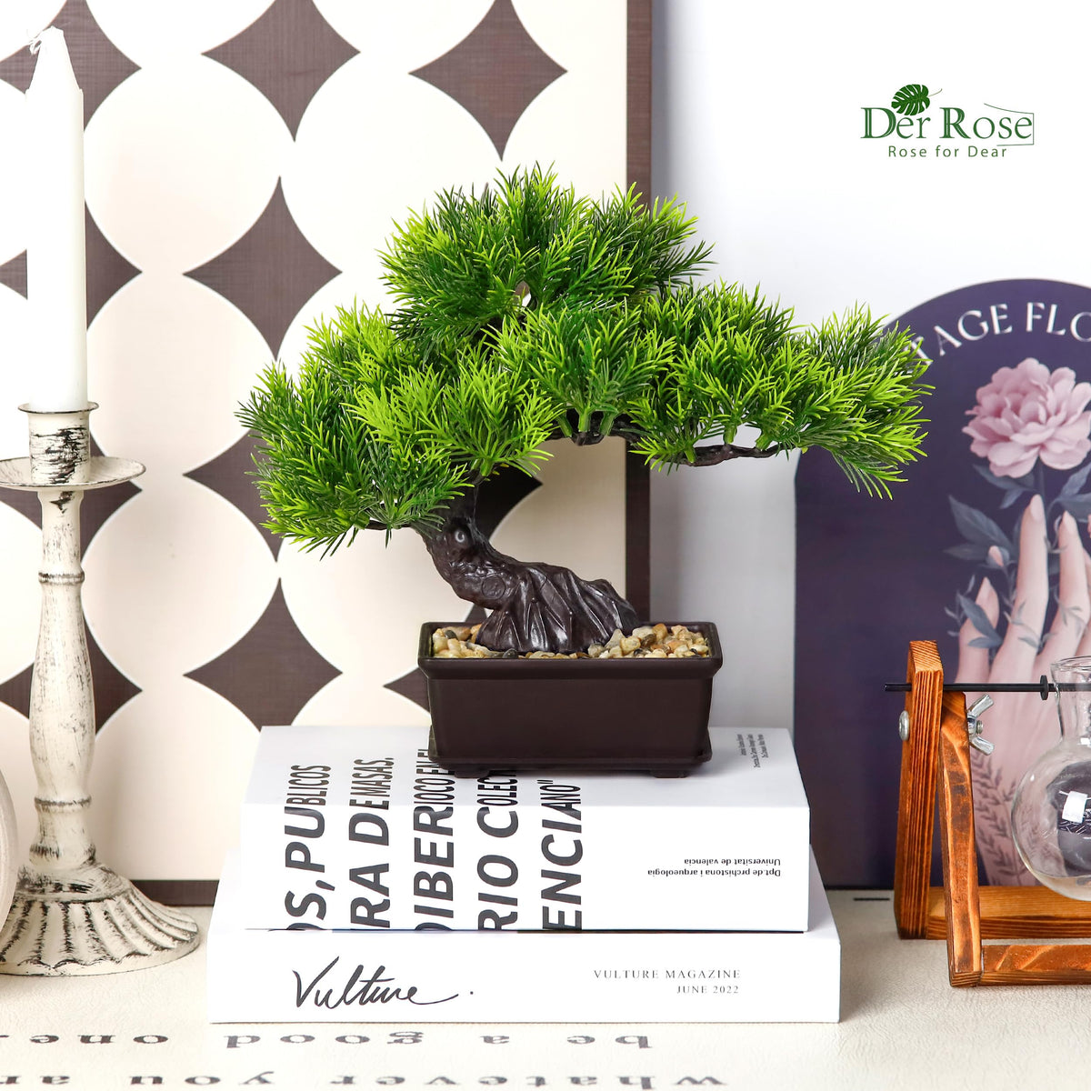 Small Fake Bonsai Tree Cedar Decor Fake Plant for Shelf Desk Decor (Green-pine)