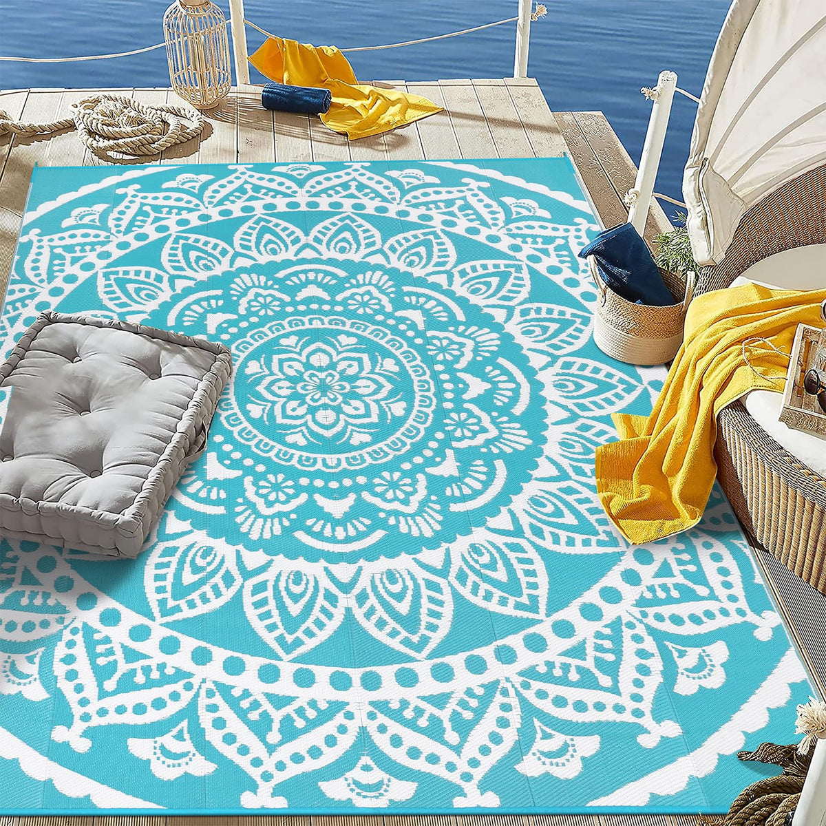 Waterproof Outdoor Rug 6'x9' Reversible Boho Plastic Straw Patio Deck Camping Rugs (Flower Teal / 6' x 9')