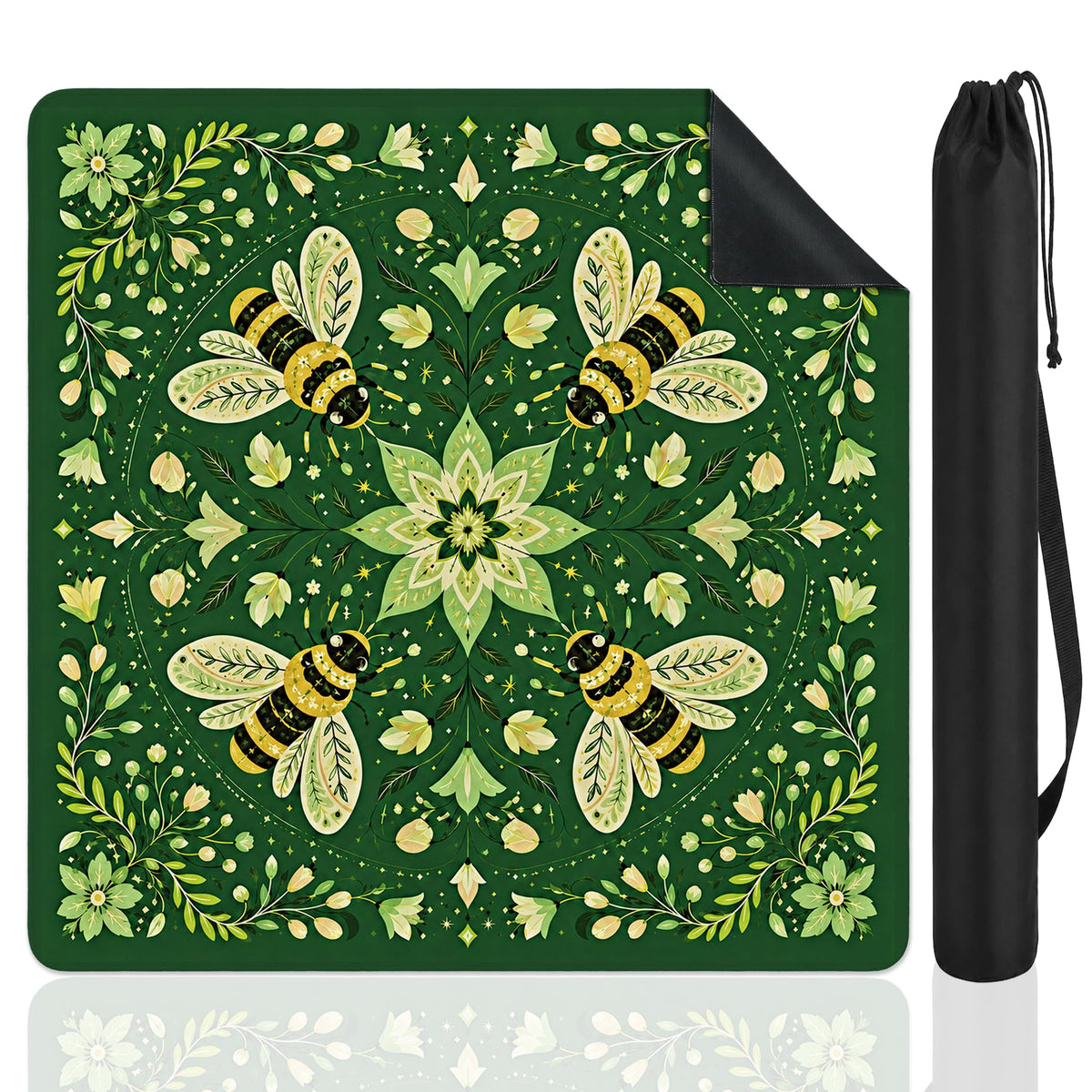 Green Floral Bumblebee Botanical Mahjong Table Mat 31.5" x 31.5" (Bee)