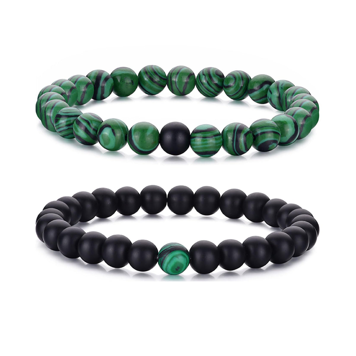 Mens Bracelets 8MM Natural Stone Beads Bracelet Set Stretch Adjustable Beaded Bracelets for Men (2,green,black)
