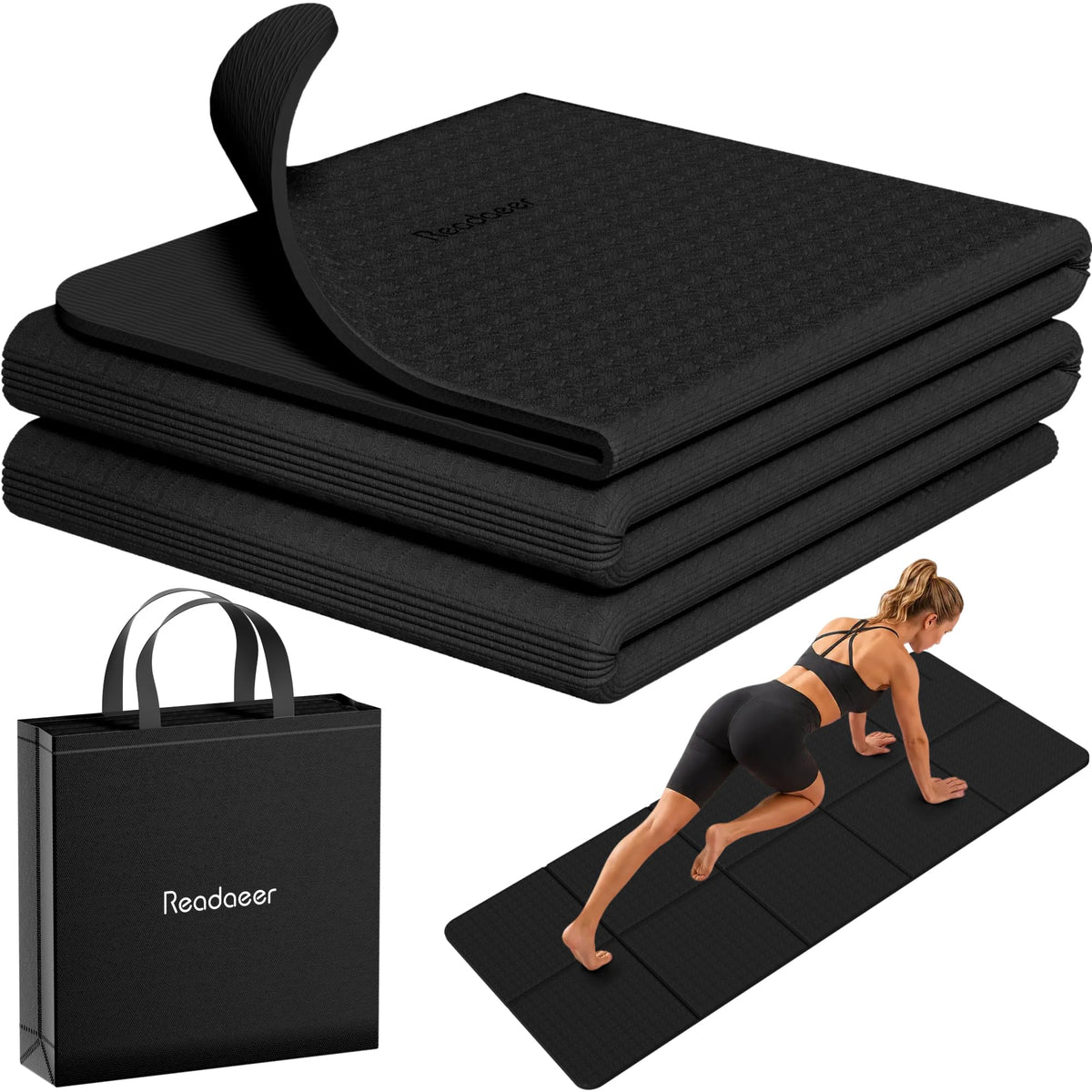 Foldable Yoga Mat for Travel Folding Yoga Mat 6mm Thick with Carrying Bag (Black)