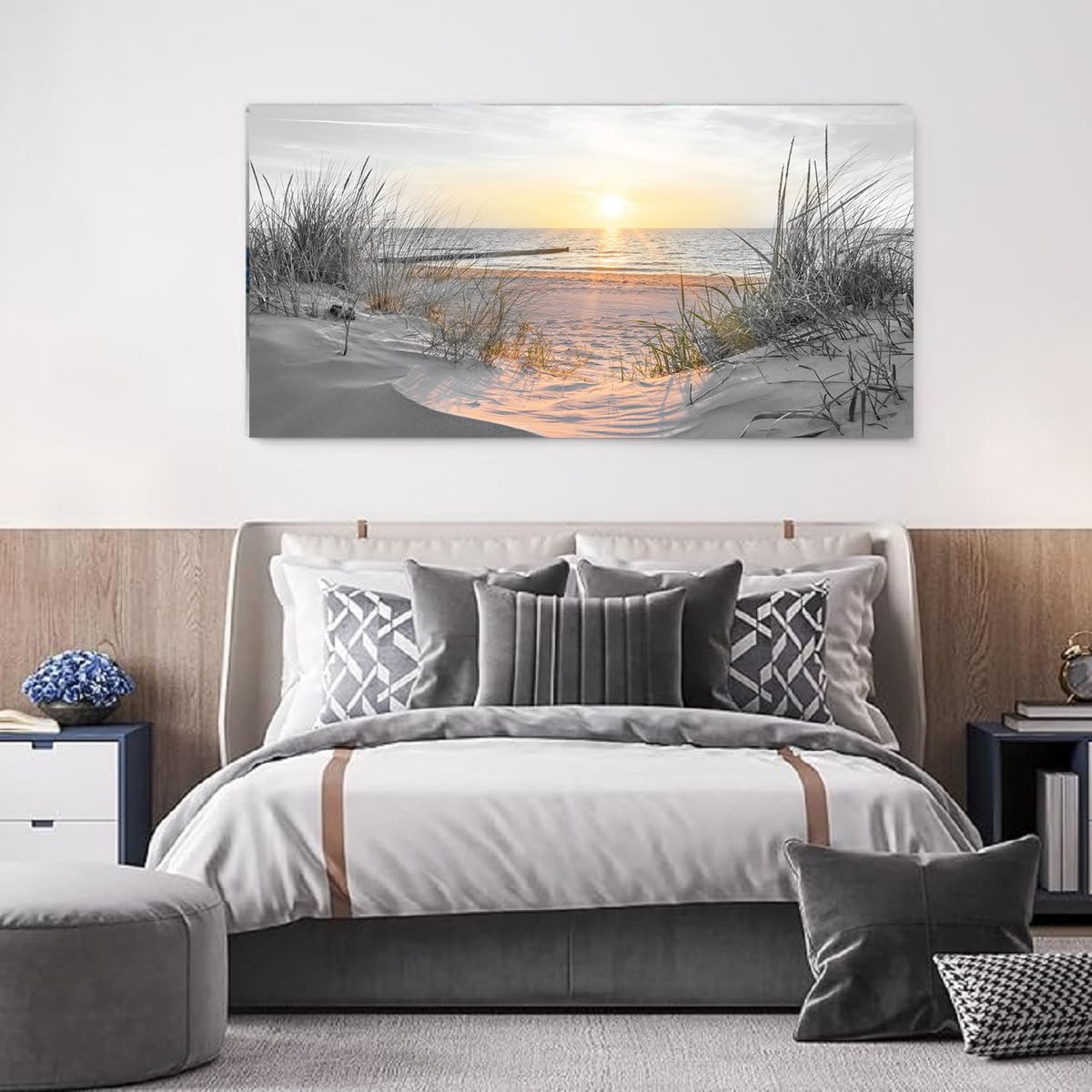 Black and White Sunset Beach Wall Art Coastal Room Decor Ocean Picture for Living Room Wall Art Bedroom Seascape Artwork Prints Sea Scene Painting Modern Bathroom Office Decor (Basunset / 40"L x 20"W)