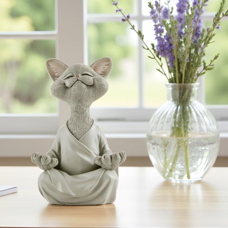 Meditating Happy Cat Statue (Gray)