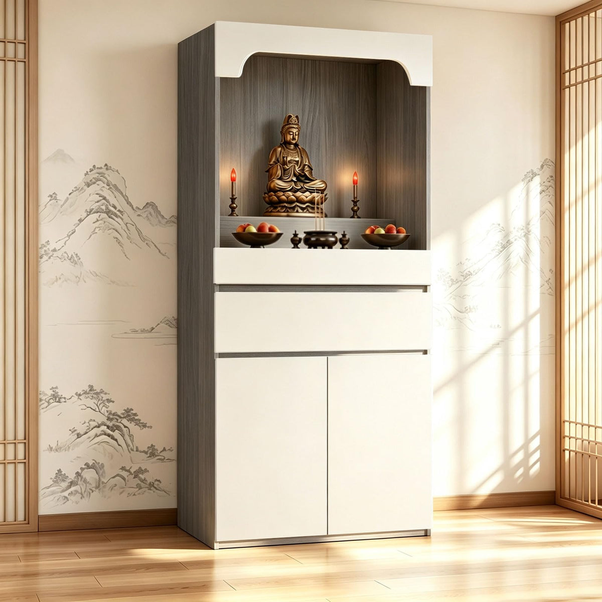 Altar Table Pooja Cabinet with Drawers and Storage Cabinets (27.6×15.7×65.4in / Beige+dark Gray Wood Tone)