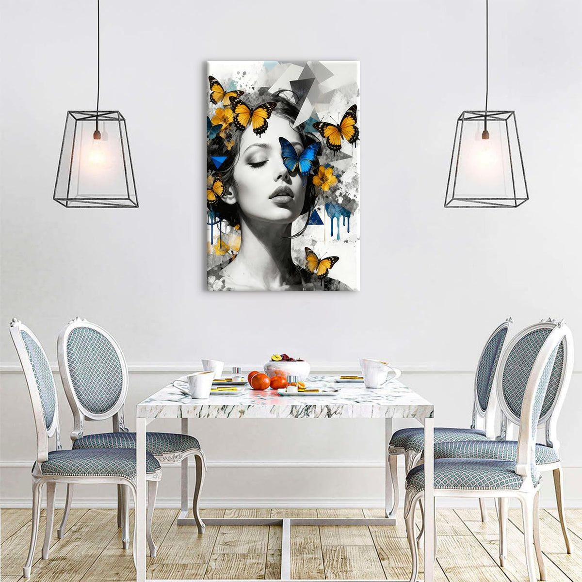 Women Butterfly Wall Art Abstract Feminine Canvas Artwork for Bedroom Black and White Woman Portrait Prints Paintings Yellow Blue Butterfly Posters for Living Room Bathroom Home Decorations 24x36" (36"L x 24"W / Women)