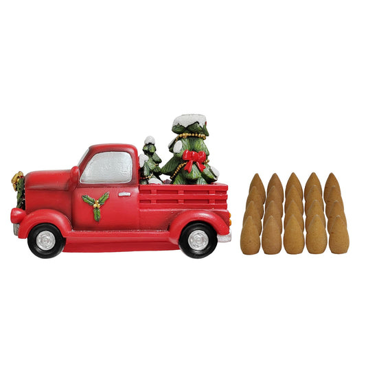 Resin Backflow Incense Cone Holder Christmas Truck Décor Statue (Red Truck)