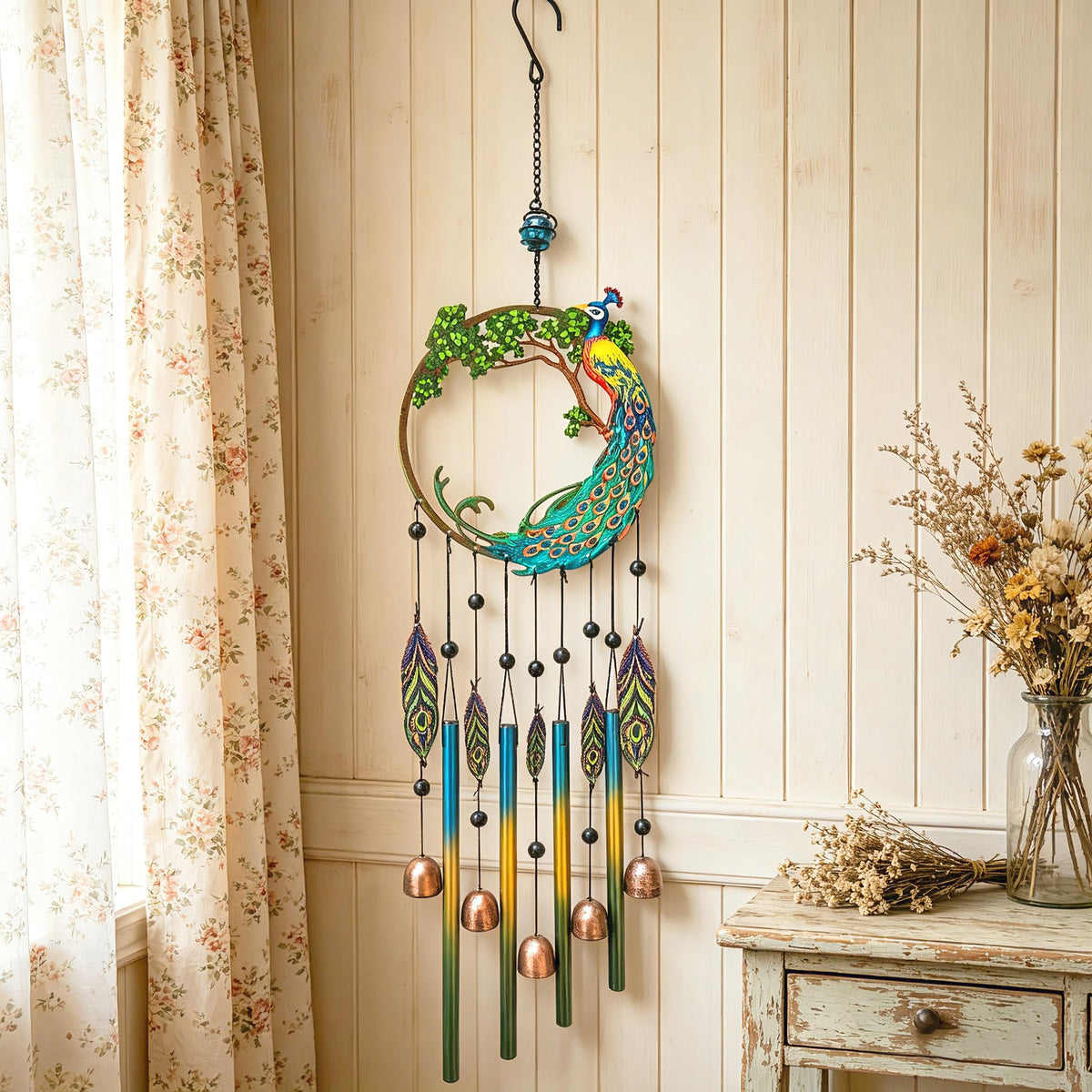 Peacock Dream Catchers Windchimes with Copper Bells 28" Peacock Wind Chimes for Zen Atmosphere Outdoor Garden Decor Unique Peacock Gift Home Decor (PEACOCK)