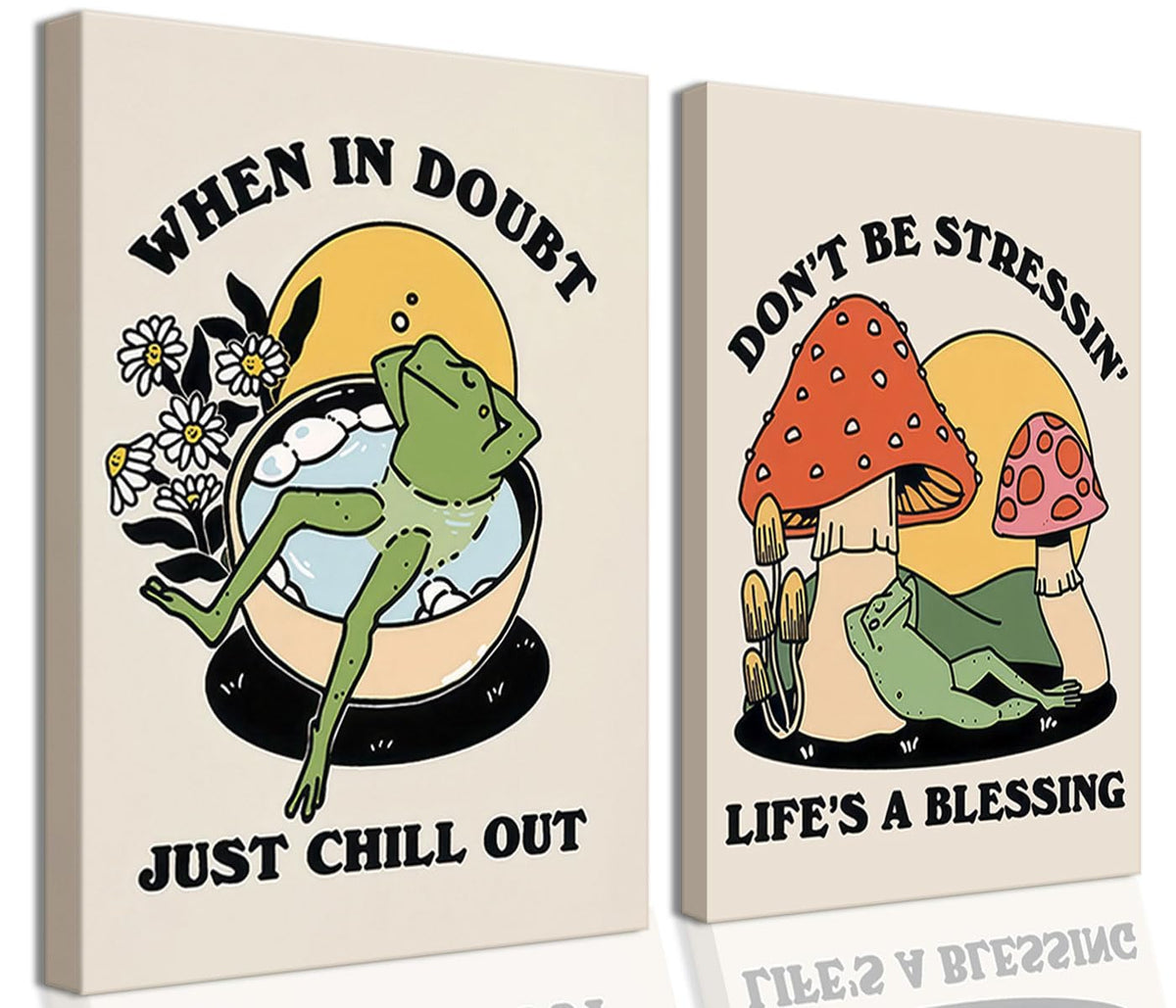 Retro Groovy Frog Mushroom Wall Art 70s Vintage Chill Quote Canvas Prints (frog / 24"L x 16"W)