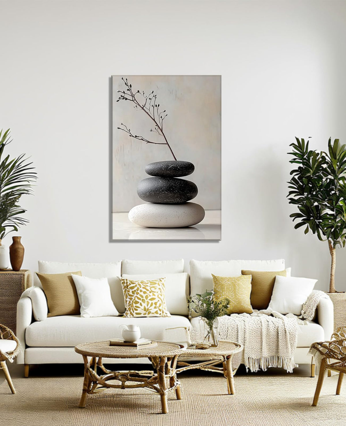 Zen Canvas Wall Art Spa Stones Picture Wall Decor Framed Meditation & Calm Painting Minimalist Prints Spiritual Room Living Room Bathroom Ready to Hang (36"L x 24"W / C - Beige)