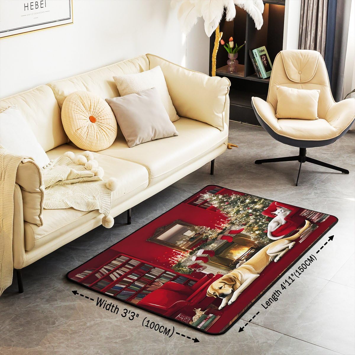 Merry Christmas Area Rug 3x5 Puppy Christmas Tree Rugs for Living Room (Red Green White / 3'3" x 4'11" (Rectangular))