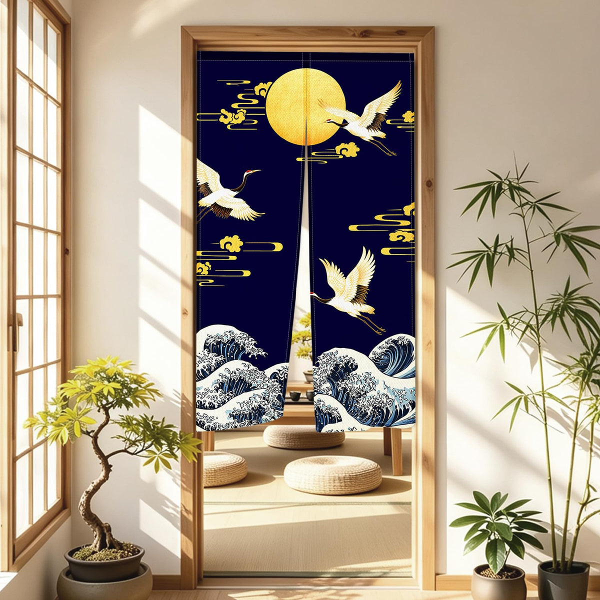 Japanese Noren Doorway Curtain (Navy Crane Moon Wave)
