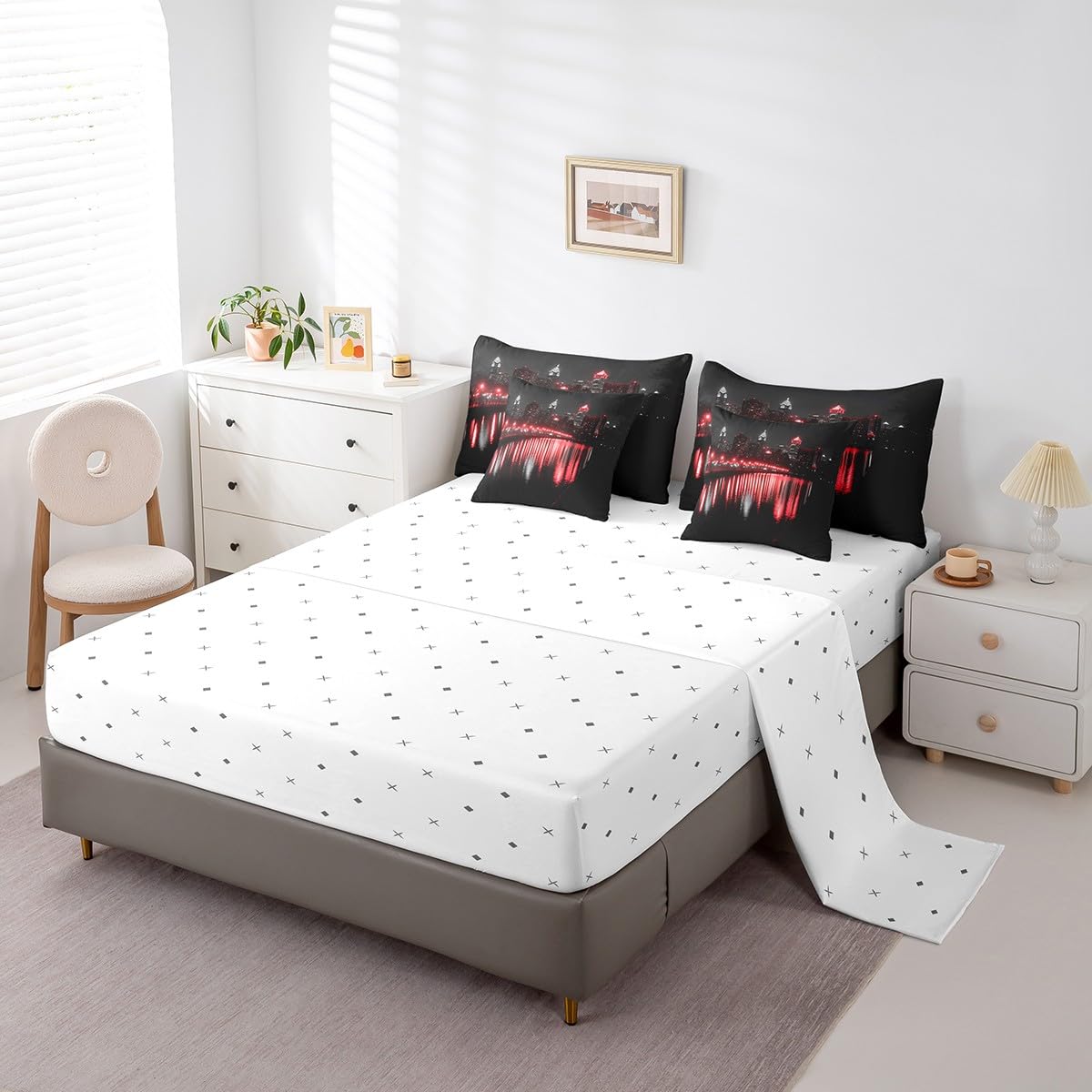 Golden Gate Bridge Comforter Set with Sheets Full Size Kids Nightscape 7 Piece Bedding Set All Season Teens City Scenery Bed in A Bag Breathable Soft Lightweight Black Red Room Decor (Carbon Black Red / Full)