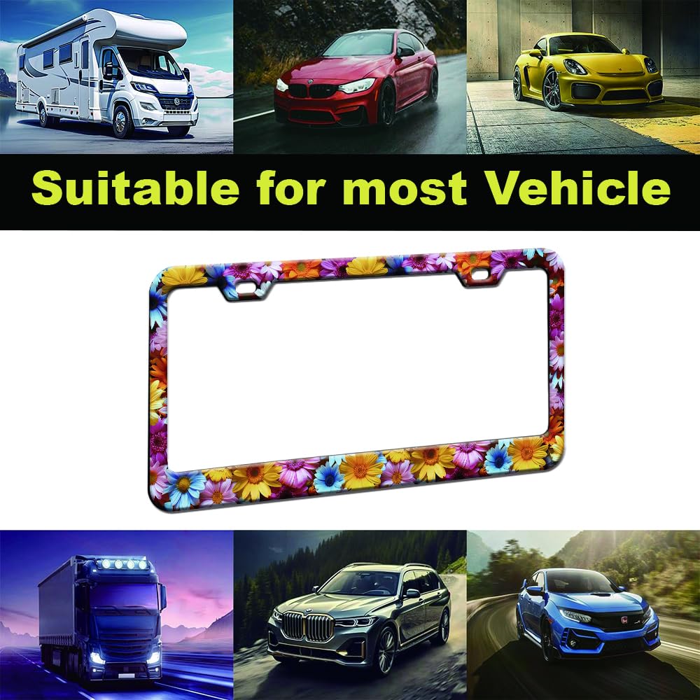 Watercolor Daisy Floral License Plate Frame Women 2Pc Car Tag (for Floral-Daisy c / 2 pack)