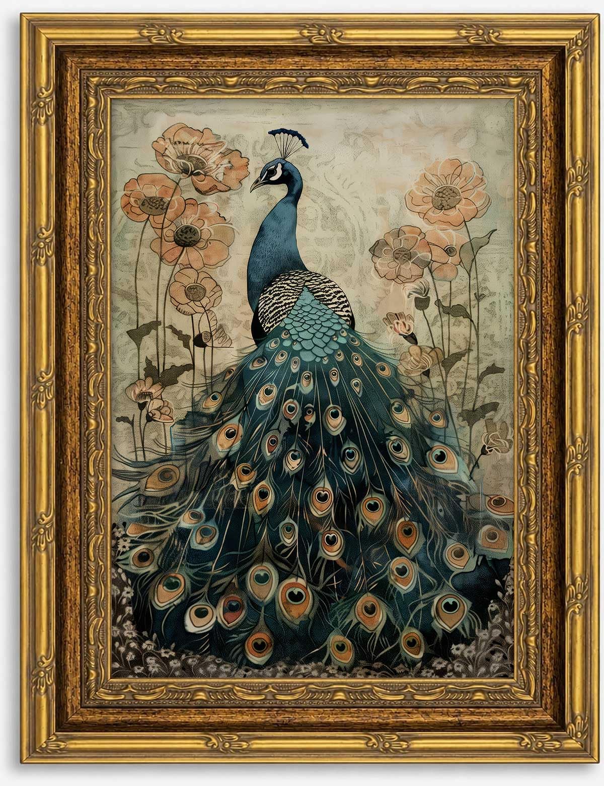 Vintage Gold Framed Peacock Poppy Canvas Wall Art (Peacock / 16"L x 12"W)